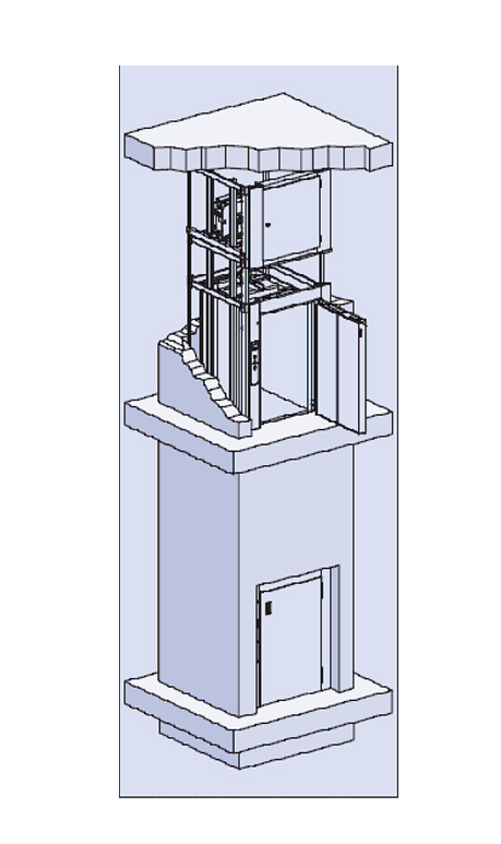 Messe Leihaufzug mit Maschinenraum oben im Schacht und bodenbündigen Drehtüren - Aufzug mieten von Paderlift